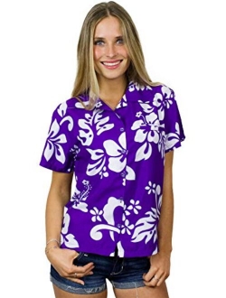 Hawaiian Blouse Shirt for Women Funky Casual Button Down Very Loud Shortsleeve Hibiscus