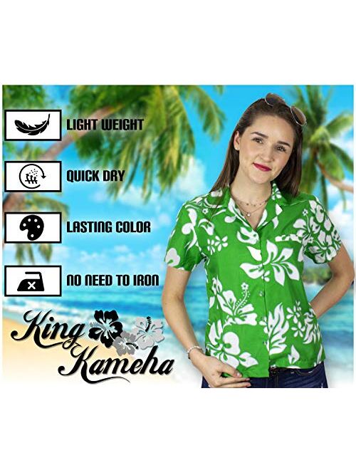 KING KAMEHA Hawaiian Blouse Shirt for Women Funky Casual Button Down Very Loud Shortsleeve Hibiscus