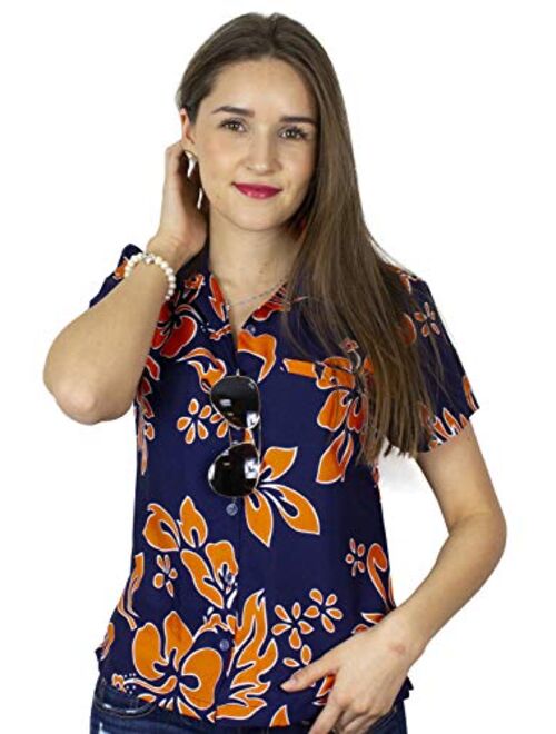 KING KAMEHA Hawaiian Blouse Shirt for Women Funky Casual Button Down Very Loud Shortsleeve Hibiscus