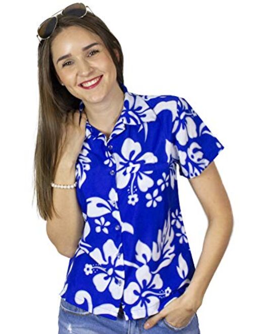 KING KAMEHA Hawaiian Blouse Shirt for Women Funky Casual Button Down Very Loud Shortsleeve Hibiscus