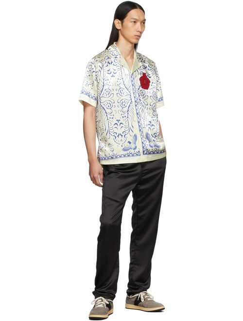 Rhude SSENSE Exclusive Off-White & Blue Tile Print Satin Shirt