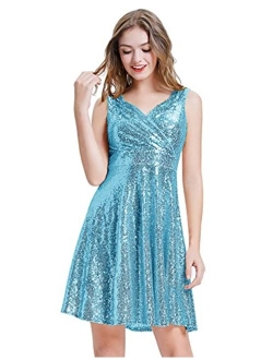 Women's Sequin Glitter V-Neck Party Dress Winter Velvet A-Line Dress Lace Evening Dress