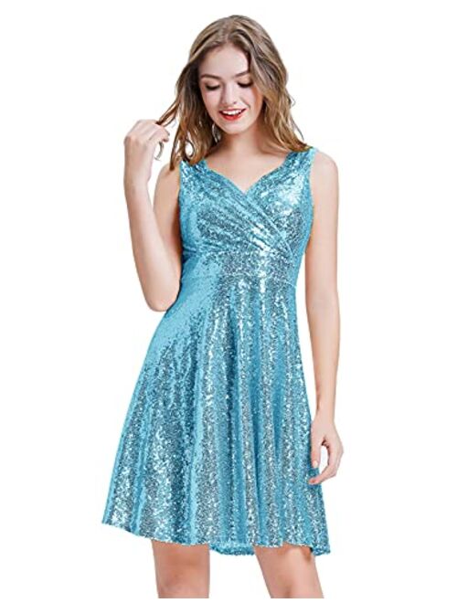 GRACE KARIN Women's Sequin Glitter V-Neck Party Dress Winter Velvet A-Line Dress Lace Evening Dress