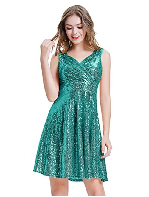 GRACE KARIN Women's Sequin Glitter V-Neck Party Dress Winter Velvet A-Line Dress Lace Evening Dress