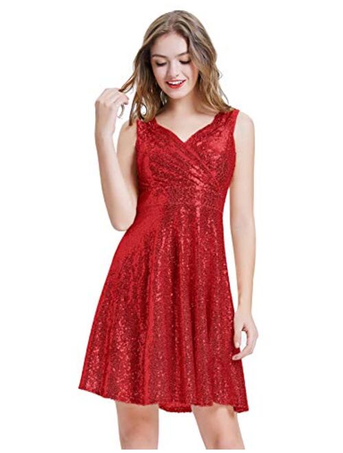 GRACE KARIN Women's Sequin Glitter V-Neck Party Dress Winter Velvet A-Line Dress Lace Evening Dress