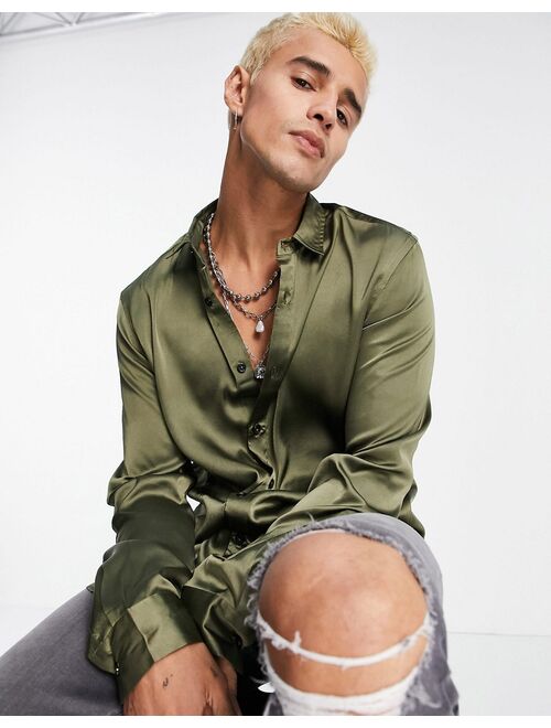 Asos Design satin shirt in olive