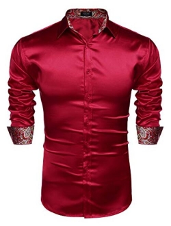 Mens Floral Satin Dress Shirts Contrast Slik Button Down Shirt Wedding Party Prom