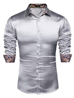 Mens Floral Satin Dress Shirts Contrast Slik Button Down Shirt Wedding Party Prom