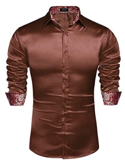 Mens Floral Satin Dress Shirts Contrast Slik Button Down Shirt Wedding Party Prom