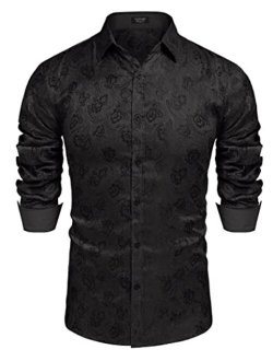 Mens Floral Satin Dress Shirts Contrast Slik Button Down Shirt Wedding Party Prom