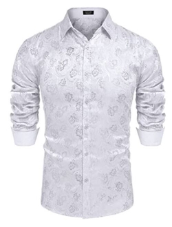 Mens Floral Satin Dress Shirts Contrast Slik Button Down Shirt Wedding Party Prom