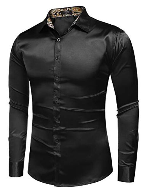 Buy COOFANDY Mens Floral Satin Dress Shirts Contrast Slik Button Down ...