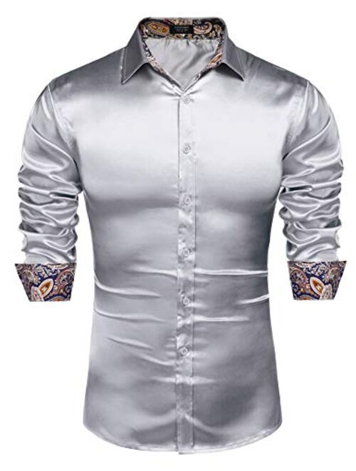 COOFANDY Mens Floral Satin Dress Shirts Contrast Slik Button Down Shirt Wedding Party Prom