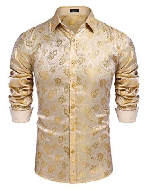 COOFANDY Mens Floral Satin Dress Shirts Contrast Slik Button Down Shirt Wedding Party Prom