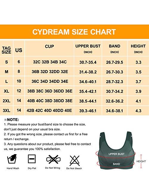 CYDREAM Women High Impact Support Sports Bra Wirefree Bounce Control Workout Fitness Adjustable Straps Hook Closure