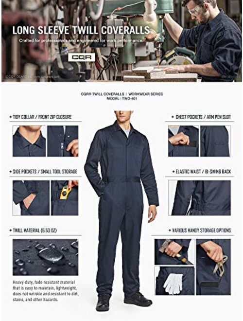 CQR Men's Long Sleeve Zip-Front Coverall, Twill Stain & Wrinkle Resistant Work Coverall, Action Back Jumpsuit with Multi Pockets
