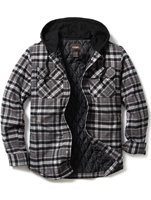 CQR Men's Quilted Lined Flannel Hooded Shirt Jacket, Soft Long Sleeve Outdoor Plaid Shirt Jackets