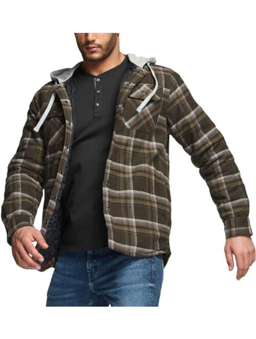 CQR Men's Quilted Lined Flannel Hooded Shirt Jacket, Soft Long Sleeve Outdoor Plaid Shirt Jackets