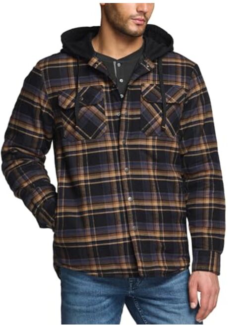 CQR Men's Quilted Lined Flannel Hooded Shirt Jacket, Soft Long Sleeve Outdoor Plaid Shirt Jackets