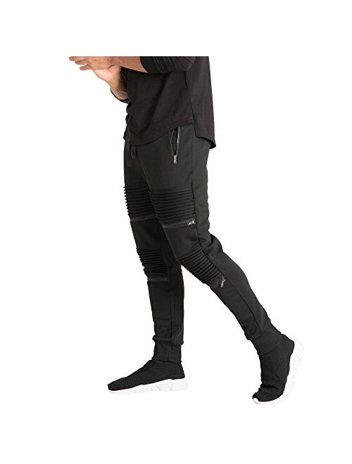 Vibes Men's Fleece Jogger Pant Double Moto Patch & Zipper Knee Trim Rib Cuff & Waist