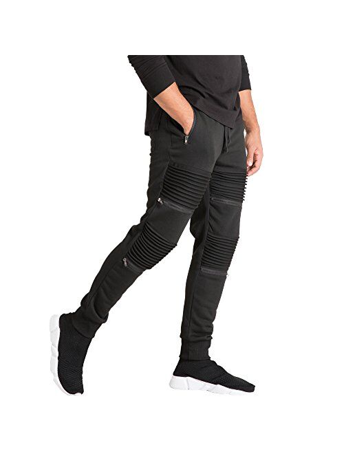 Vibes Men's Fleece Jogger Pant Double Moto Patch & Zipper Knee Trim Rib Cuff & Waist