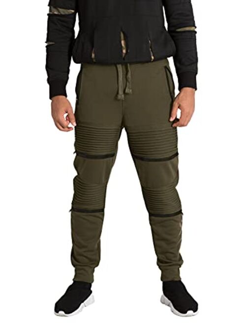 Vibes Men's Fleece Jogger Pant Double Moto Patch & Zipper Knee Trim Rib Cuff & Waist