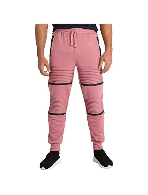 Vibes Men's Fleece Jogger Pant Double Moto Patch & Zipper Knee Trim Rib Cuff & Waist