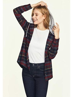 Women's Hooded Plaid Flannel Shirt Long Sleeve, All-Cotton Soft Brushed Casual Button Down Shirts