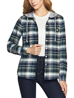 Women's Hooded Plaid Flannel Shirt Long Sleeve, All-Cotton Soft Brushed Casual Button Down Shirts