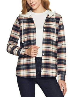 Women's Hooded Plaid Flannel Shirt Long Sleeve, All-Cotton Soft Brushed Casual Button Down Shirts