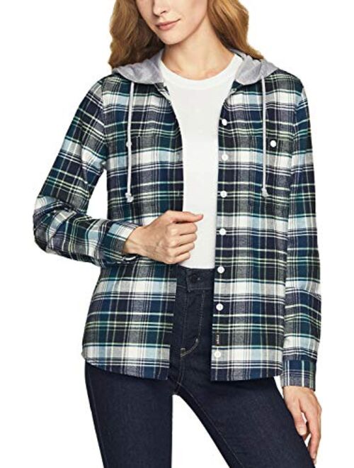 CQR Women's Hooded Plaid Flannel Shirt Long Sleeve, All-Cotton Soft Brushed Casual Button Down Shirts