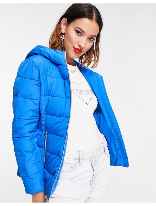 Love Moschino logo front hooded quilted jacket in blue