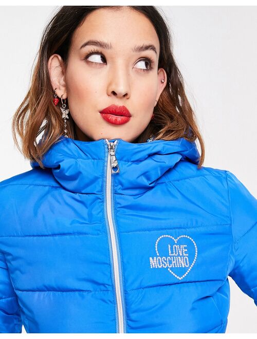 Love Moschino logo front hooded quilted jacket in blue