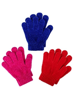 Cooraby 3 Pairs Warm Chenille Gloves Kids Stretchy Cashmere Knitted Gloves for Girls, Boys