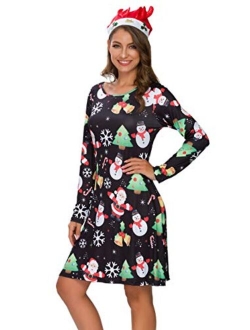 Atnlewhi Womens Christmas Dresses Long Sleeve Casual Cocktail Party A Line Xmas Midi Party Holiday Swing Dress