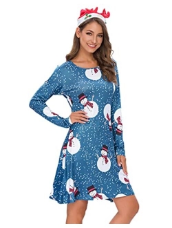 Atnlewhi Womens Christmas Dresses Long Sleeve Casual Cocktail Party A Line Xmas Midi Party Holiday Swing Dress