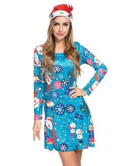 Atnlewhi Womens Christmas Dresses Long Sleeve Casual Cocktail Party A Line Xmas Midi Party Holiday Swing Dress