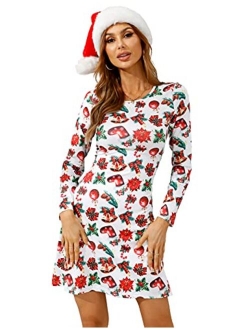 Atnlewhi Womens Christmas Dresses Long Sleeve Casual Cocktail Party A Line Xmas Midi Party Holiday Swing Dress