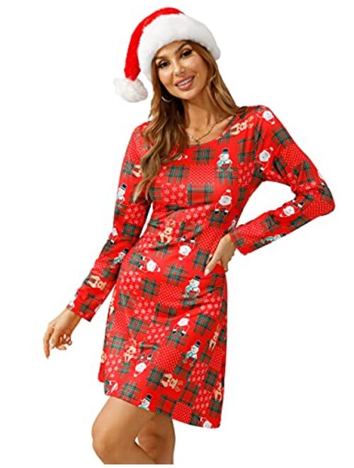 Atnlewhi Womens Christmas Dresses Long Sleeve Casual Cocktail Party A Line Xmas Midi Party Holiday Swing Dress