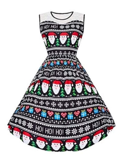 UNIFACO Women's Plus Size Christmas Daily Dresses Sleeveless Round Neck Print Flared Cocktail Party Dress with Lace