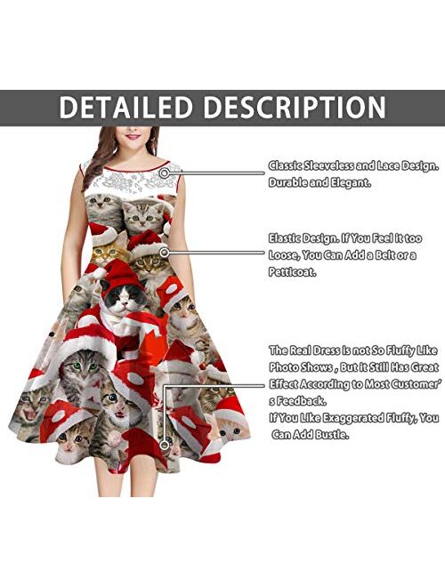 UNIFACO Women's Plus Size Christmas Daily Dresses Sleeveless Round Neck Print Flared Cocktail Party Dress with Lace