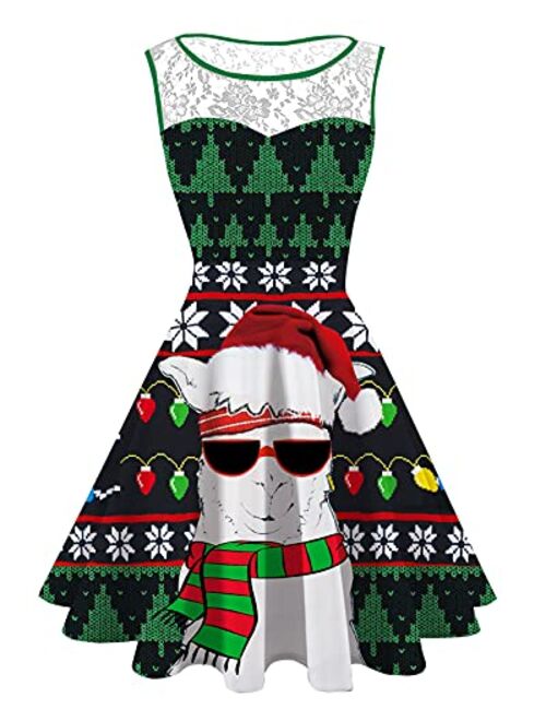 UNIFACO Women's Plus Size Christmas Daily Dresses Sleeveless Round Neck Print Flared Cocktail Party Dress with Lace