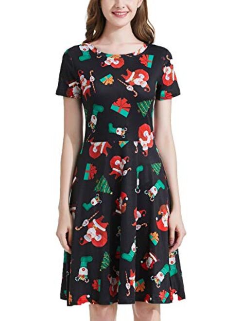 Daisysboutique Womens Christmas Round Neck Casual Midi A Line Vintage Swing Dress