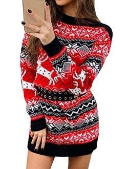 Springcmy Women Christmas Sweater Dress Reindeer Snowflake Knit Long Sleeve Round Neck Pullover Dress