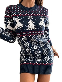 Springcmy Women Christmas Sweater Dress Reindeer Snowflake Knit Long Sleeve Round Neck Pullover Dress