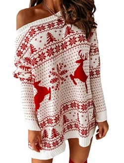 Springcmy Women Christmas Sweater Dress Reindeer Snowflake Knit Long Sleeve Round Neck Pullover Dress