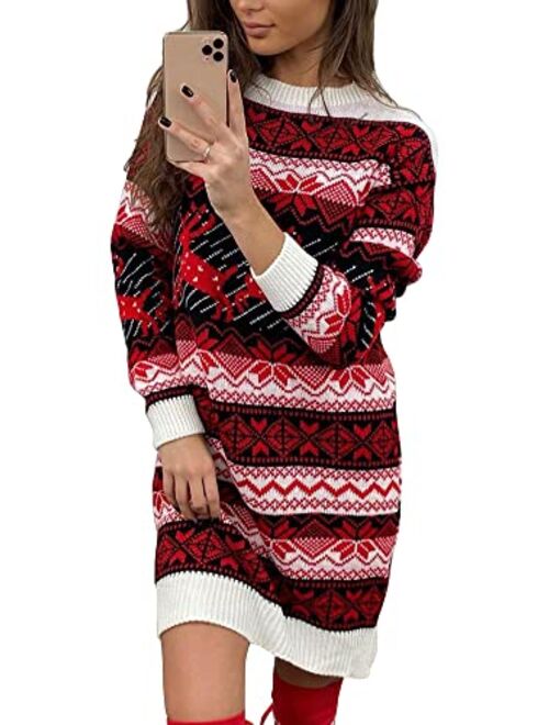 Springcmy Women Christmas Sweater Dress Reindeer Snowflake Knit Long Sleeve Round Neck Pullover Dress