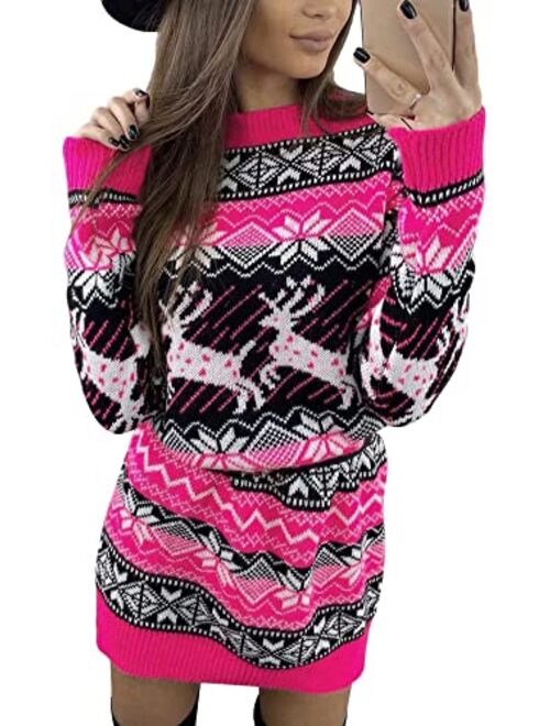 Springcmy Women Christmas Sweater Dress Reindeer Snowflake Knit Long Sleeve Round Neck Pullover Dress