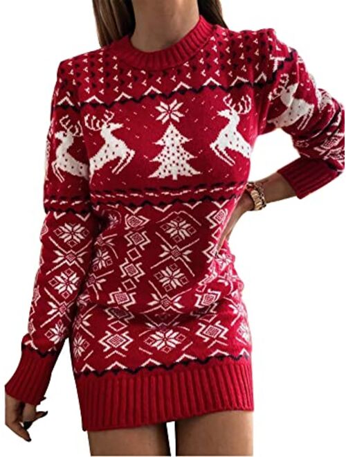 Springcmy Women Christmas Sweater Dress Reindeer Snowflake Knit Long Sleeve Round Neck Pullover Dress