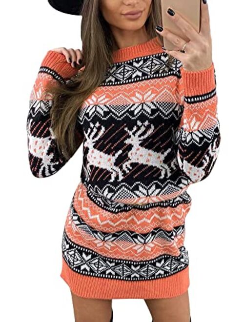 Springcmy Women Christmas Sweater Dress Reindeer Snowflake Knit Long Sleeve Round Neck Pullover Dress